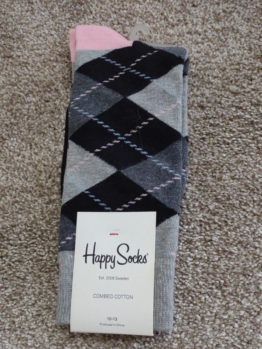 Happy Socks Grey and Black Argyle Crew Socks with Pink Toe